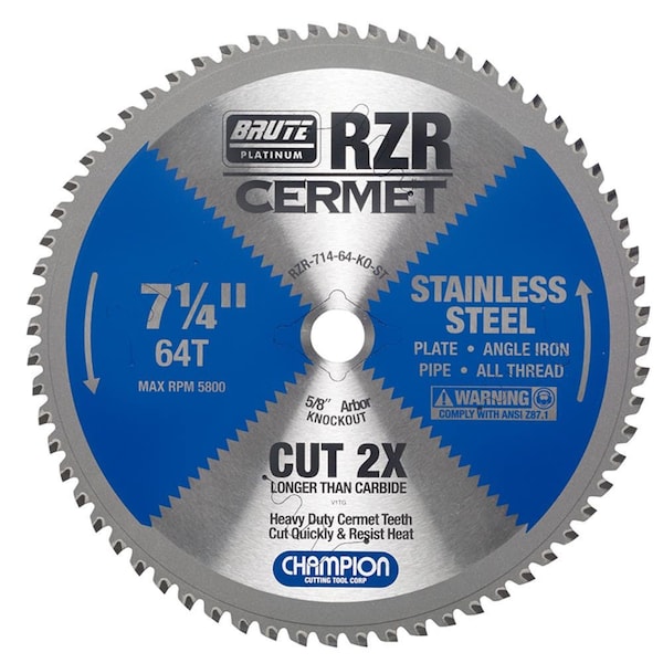 Brute Platinum 7-1/4in Brute RZR Cermet Tipped Circular Saw Blades for Stainless Steel, 64 Teeth, 5/8in KO Arbor CHA RZR-714-64-KO-ST - main